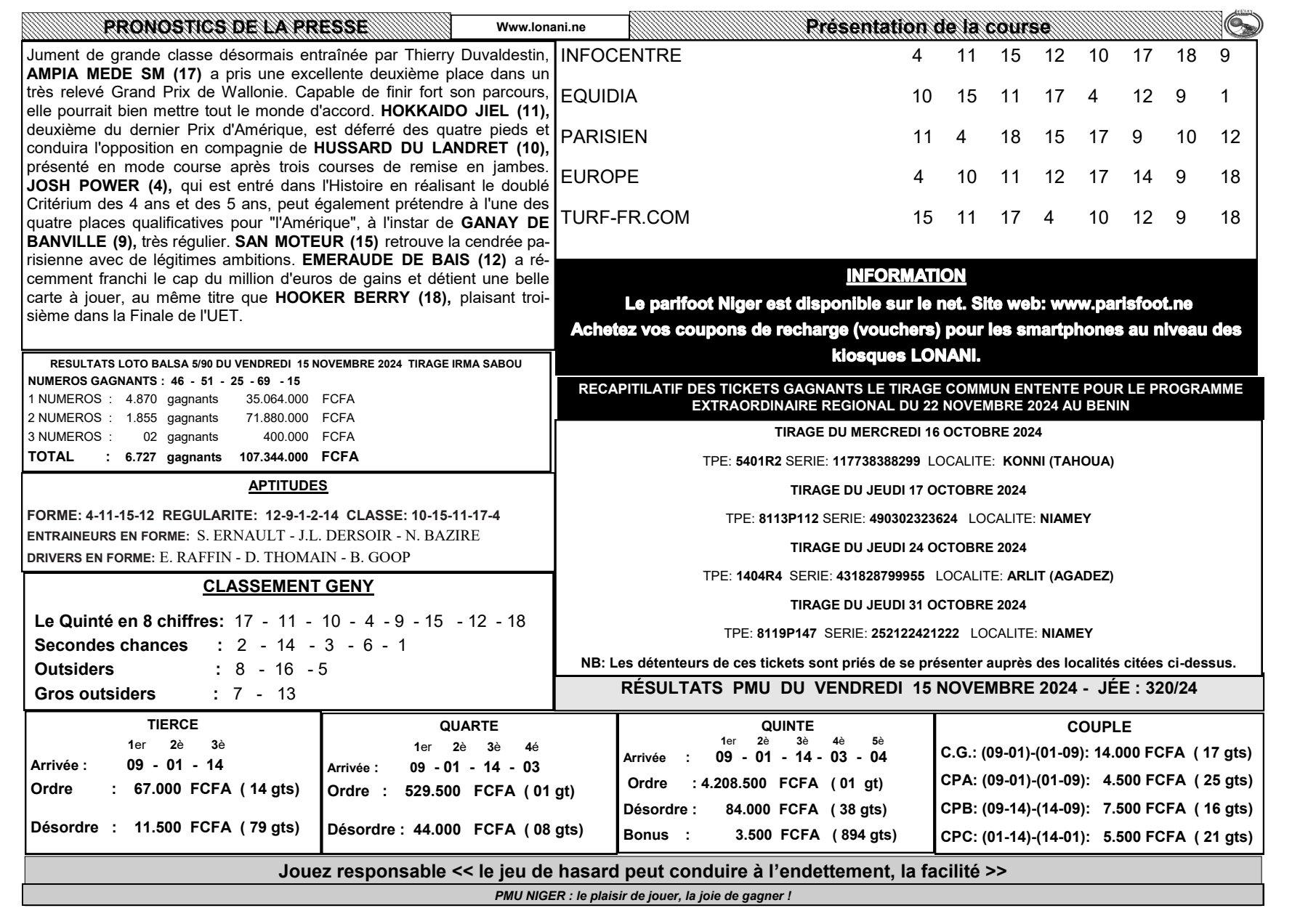 Quinte du dimanche 17 novembre 2024 1 2