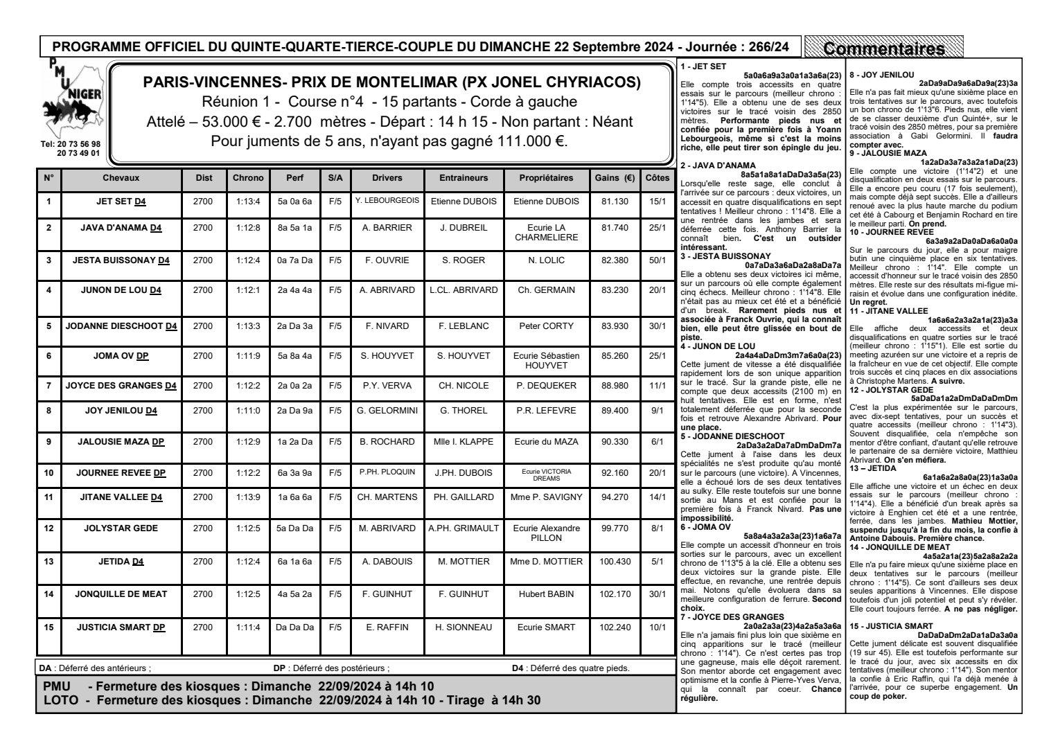 Quinte du dimanche 22 septembre 2024 1 1