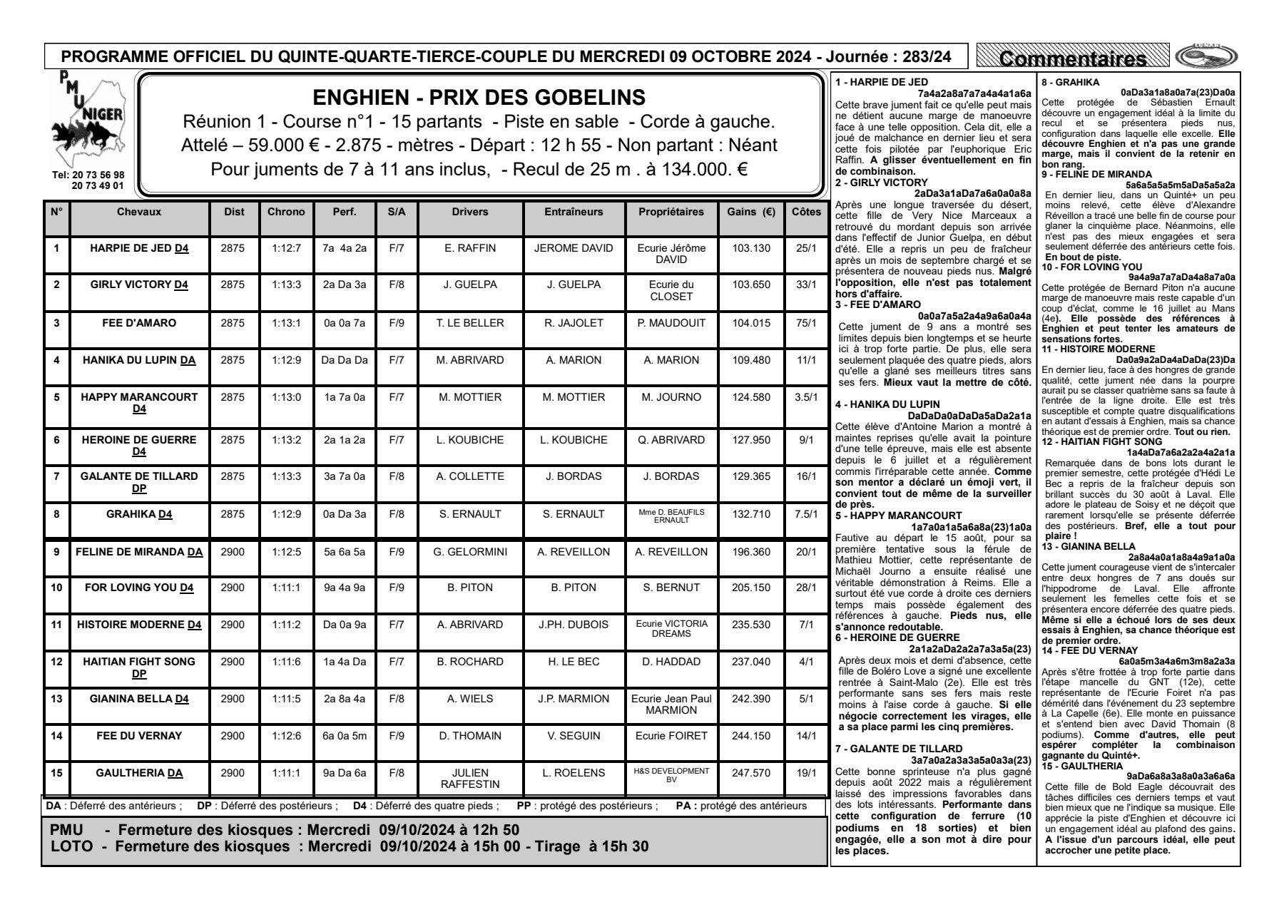 Quinte du mercredi 09 octobre 2024 1