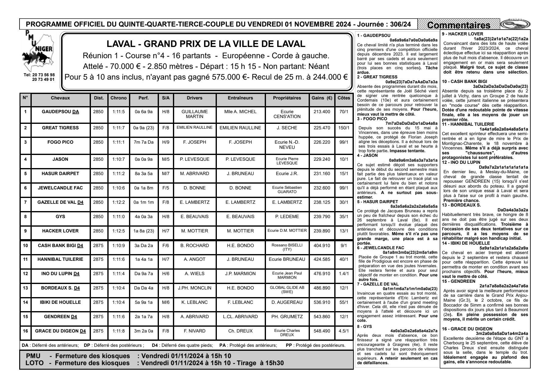 Quinte du vendredi 01 novembre 2024 1